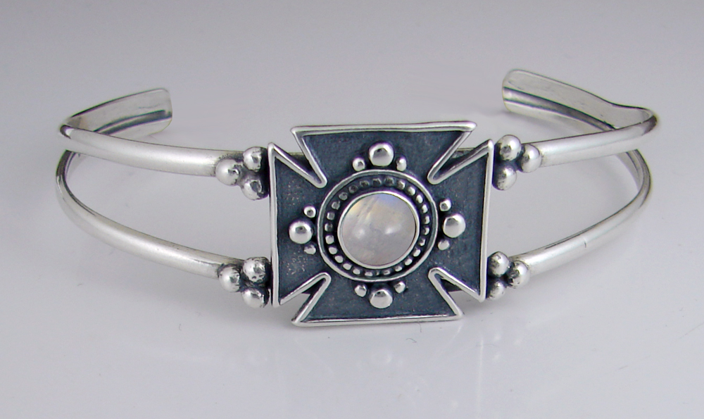 Sterling Silver Iron Cross Cuff Bracelet With Rainbow Moonstone